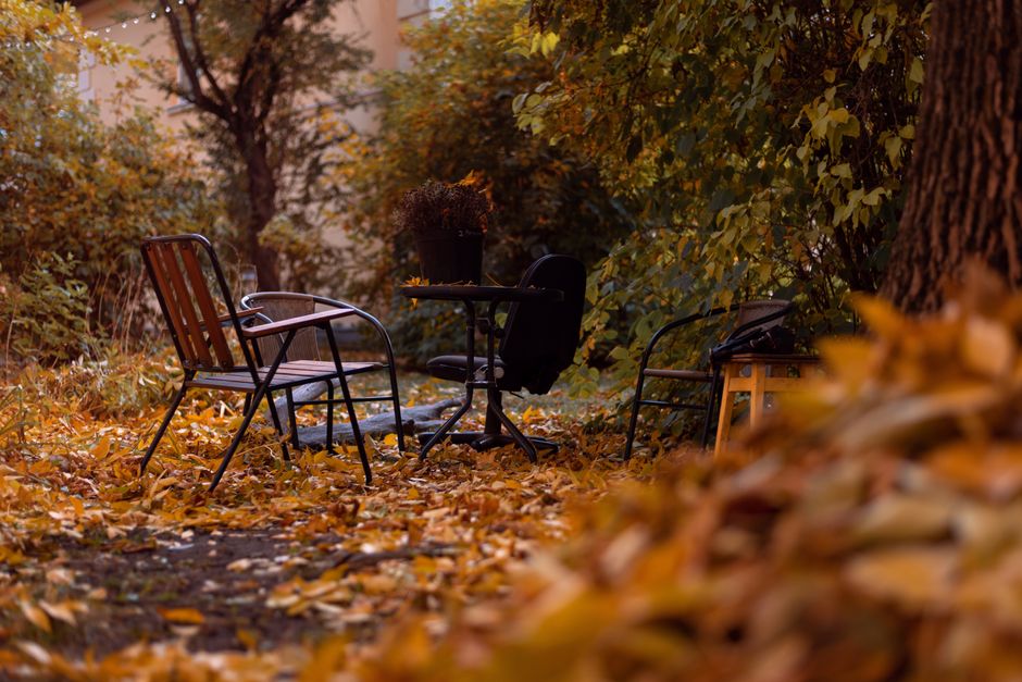 Tuinstoelen met kleurrijke herfstkussens langs pad. Tuinstoelen met kleurrijke herfstkussens langs pad.